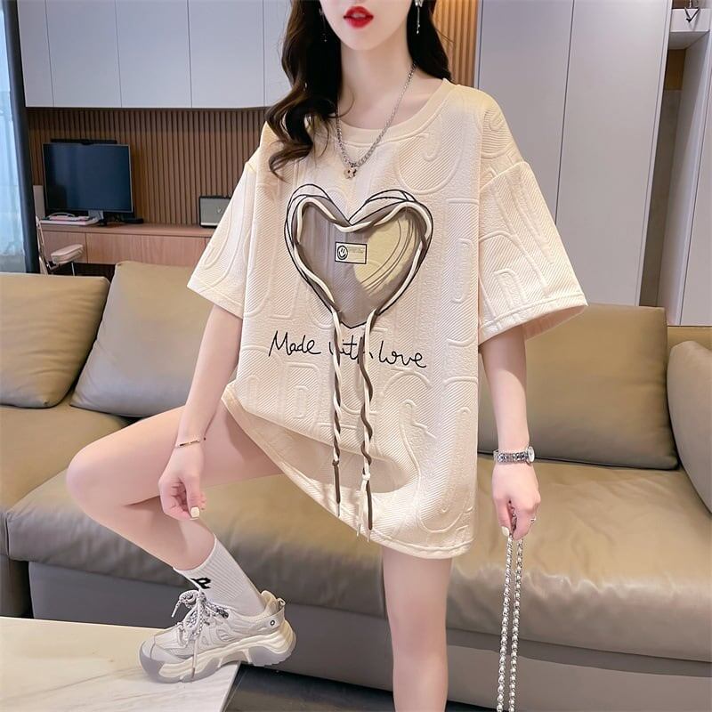 着心地良い ハート 立体風 プリントTシャツ 三色 ゆったり半袖＜S-2933＞