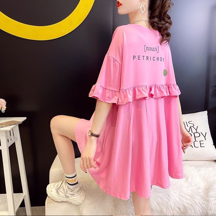 ミドル丈のイレギュラー半袖Tシャツワンピース<S-5007>