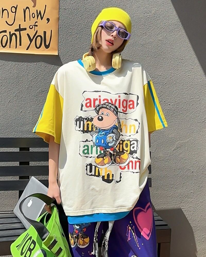 話題沸騰中 ゆったり カジュアル プリント カラーマッチング 半袖Tシャツ＜S-8067＞