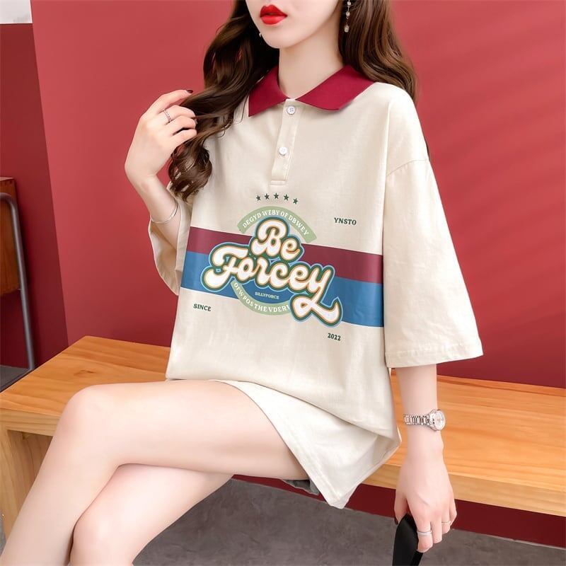 スタイルアップ グラフィック POLOネック ドロップショルダーTシャツ ゆったり半袖 ＜S-3048＞