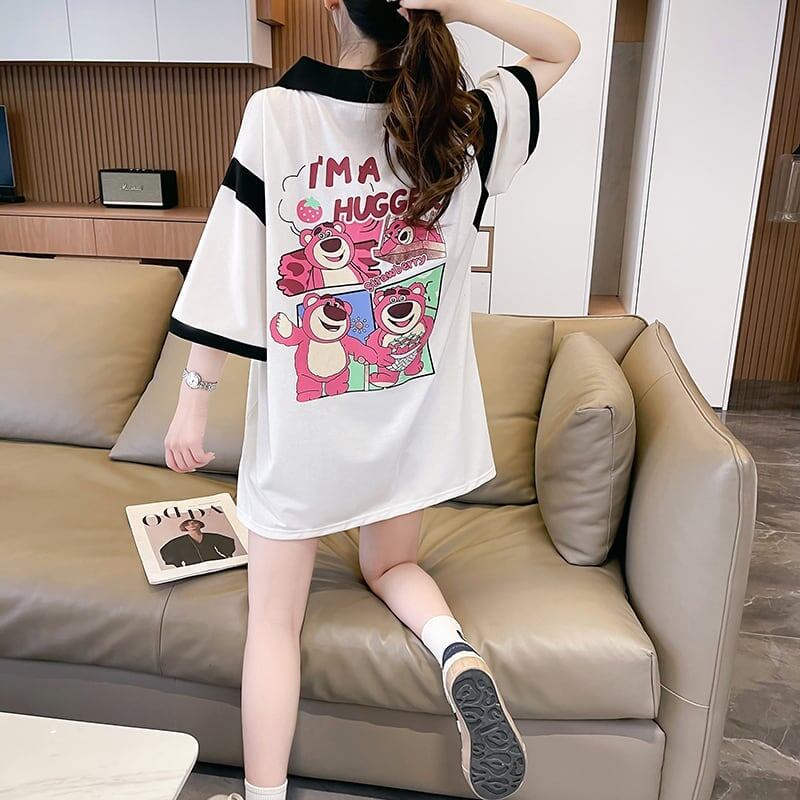POLOネック 切り替え 熊柄 ロング プリント Tシャツ 二色 ゆったりワンピース ＜S-3020＞