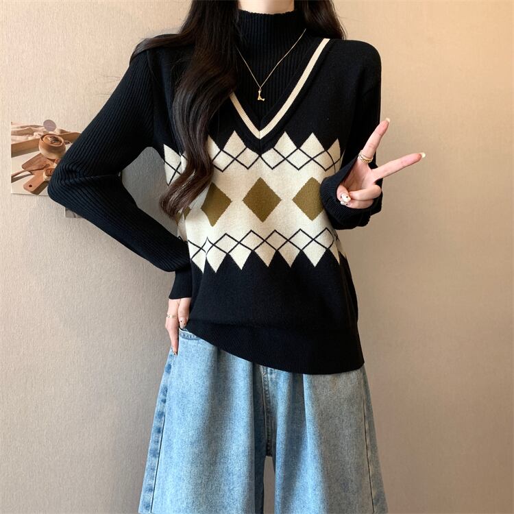 人気上昇中 レイヤード風 おしゃれ度高め 全2色 ニットトップス<S-9583>