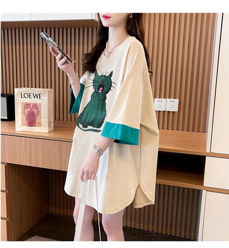 ユニークなデザイン気質のカラーブロック半袖Tシャツ<S-2900>
