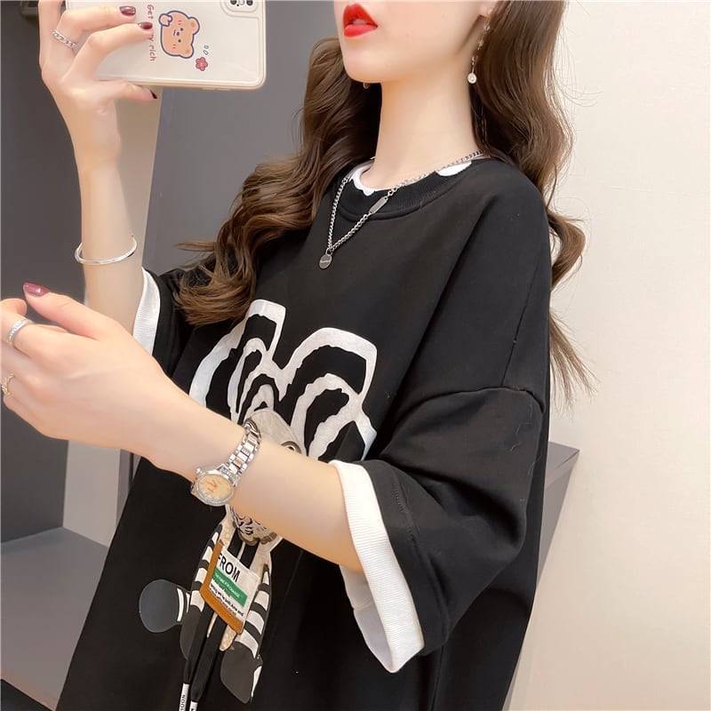 気質ルーズ漫画プリントミッドレングス半袖Tシャツ<S-3026>