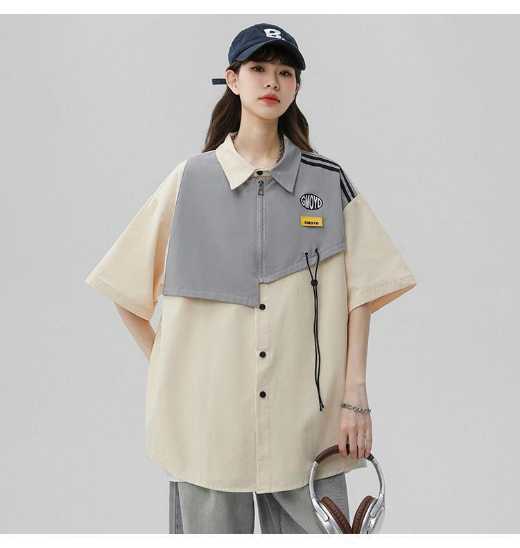シンプルだけど一癖あるコーデ 切り替え レイヤード風 全2色 半袖Tシャツ<S-9046>