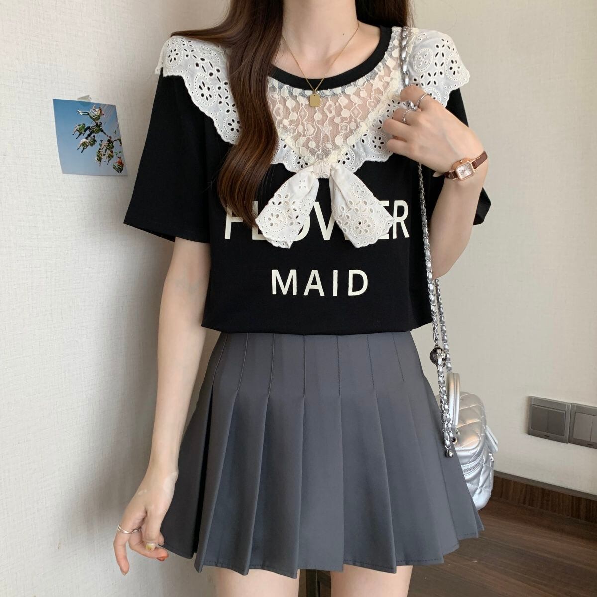 超人気 レース スウィート 切り替え プリント 3色選択 半袖Tシャツ＜S-8825＞