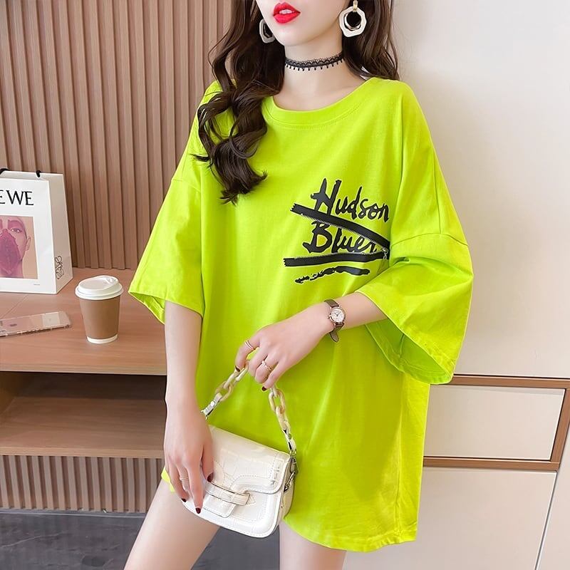 【人気商品再入荷！】   デザイン個性ゆったりミドル丈半袖Tシャツ<S-3036>