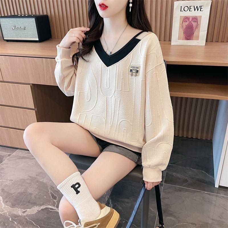 女子マスト  レイヤード風 熊柄ロゴゆったり厚手スウェット全3色トップス<S-4614>