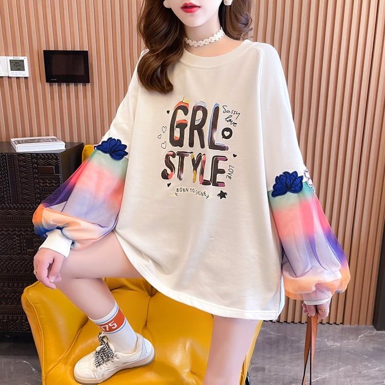 秋の新作 パフスリーブ アルファベットプリント 長袖ラグランTシャツトップス<S-4032>