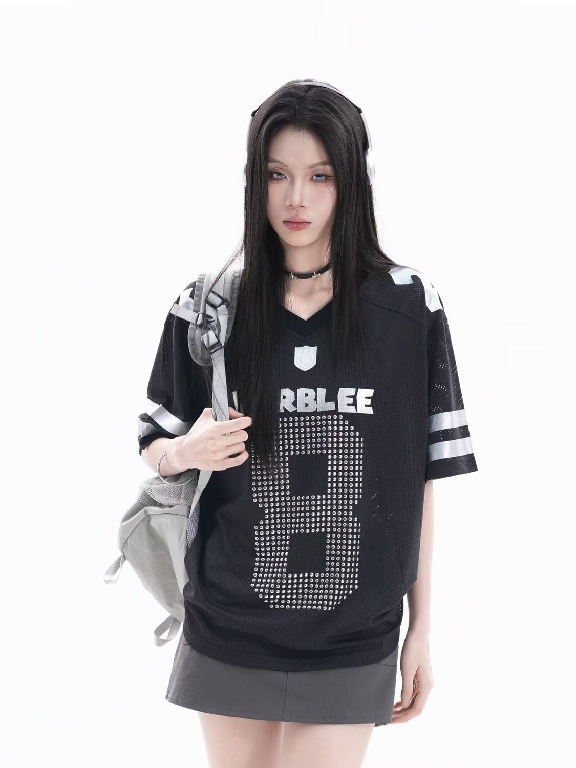 通気メッシュ 袖2本ライン Vネック Tシャツ S-80004