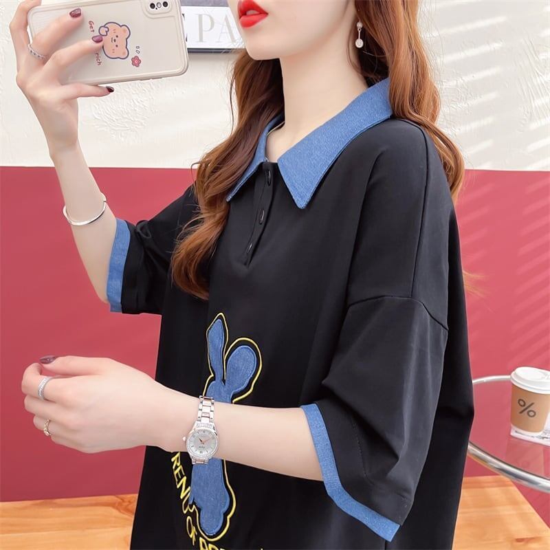 韓国系 ウサギちゃん POLOネック プリントTシャツ 三色 ゆったり半袖 ＜S-3056＞