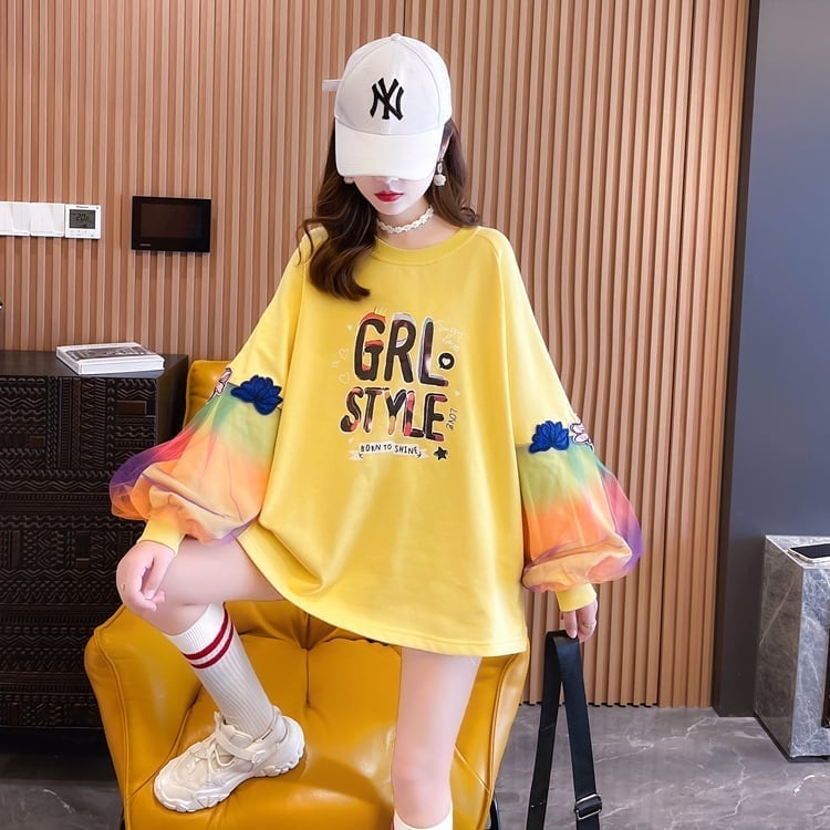 秋の新作 パフスリーブ アルファベットプリント 長袖ラグランTシャツトップス<S-4032>