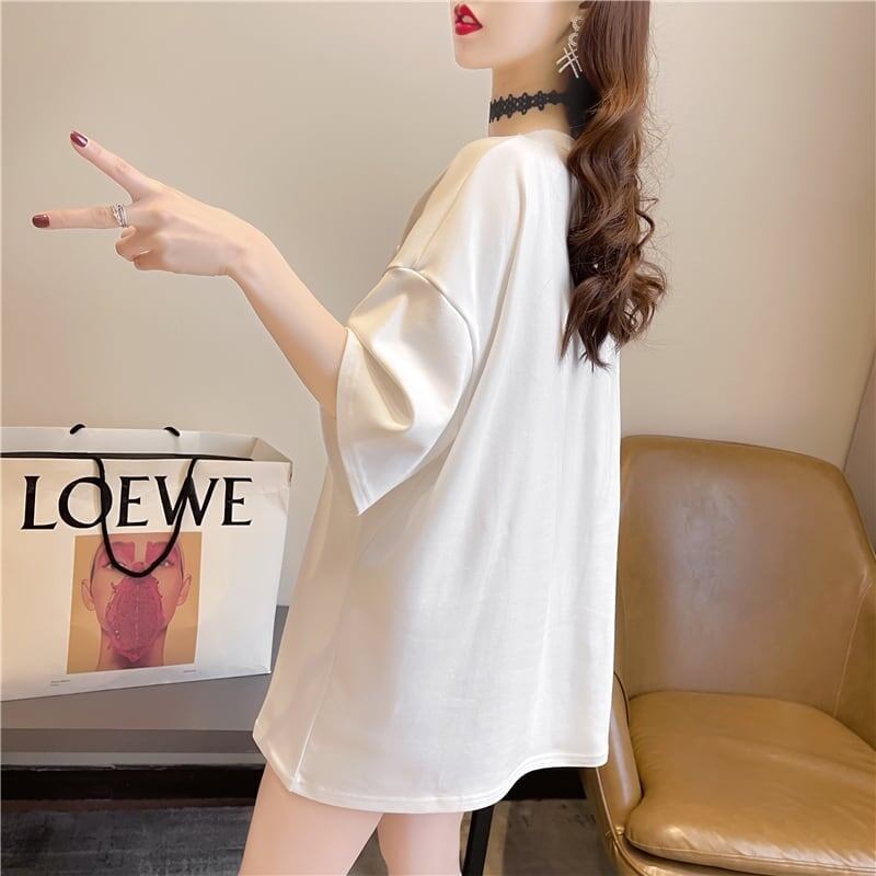 美人度アップ ウサギ ビジュー ロング Tシャツ 三色 ゆったり半袖＜S-2945＞