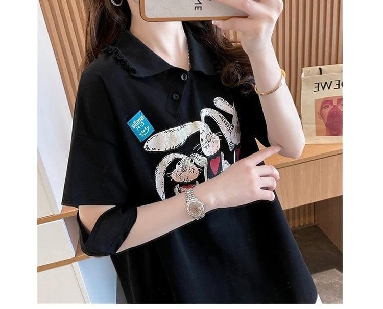 美人度アップ 折り襟 可愛いウサギちゃん プリントロング Tシャツ ゆったり半袖 ＜S-2956＞