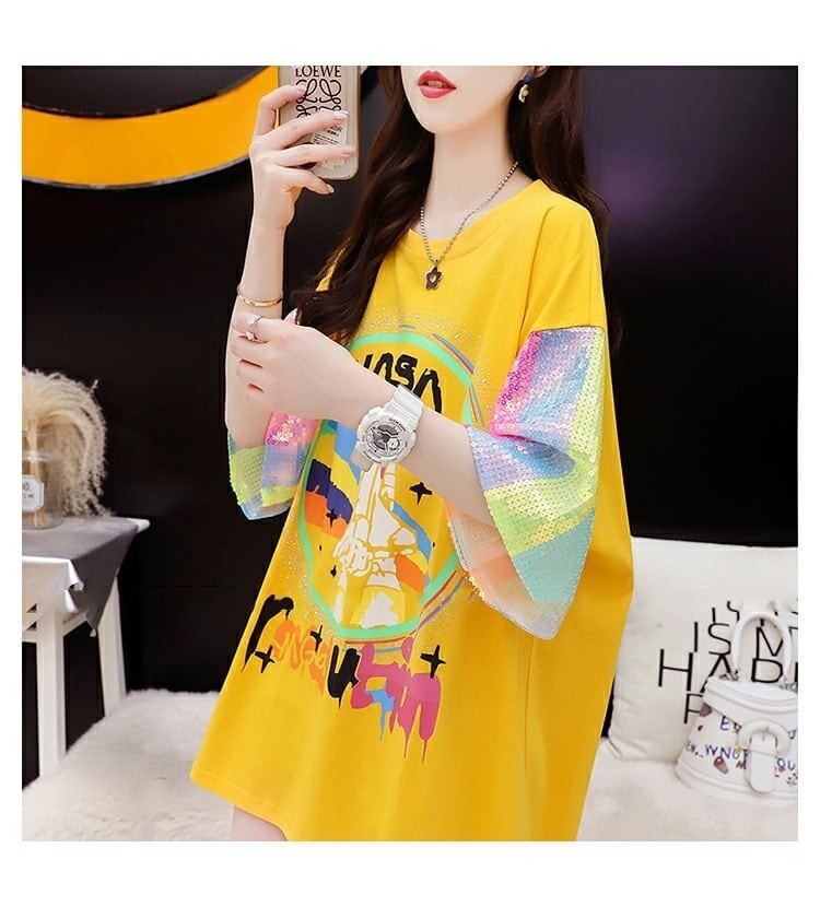 大好評 プリントTシャツ スパンコール切り替え ゆったり半袖＜S-2890＞