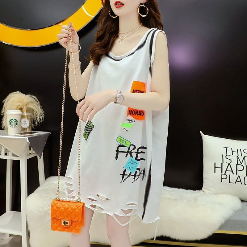 今季マストバイ ダメージ加工 デザイン性抜群 プリント全2色 ノースリーブ Tシャツ カットソー＜S-9141＞