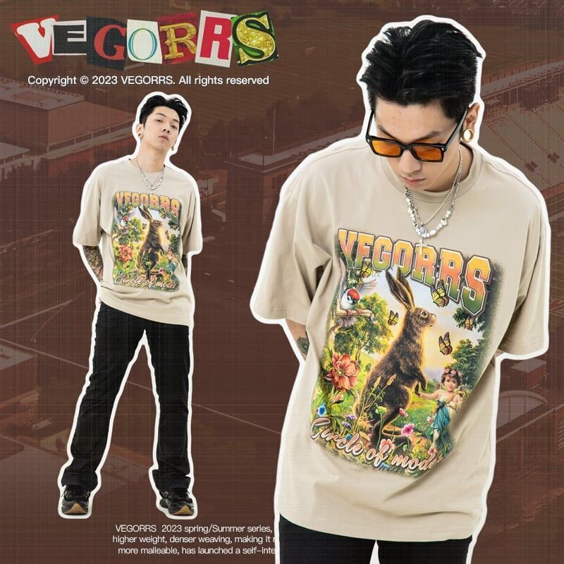 アメリカンレトロ絵画ウサギ半袖Tシャツカップル男女同スタイル<S-2910>
