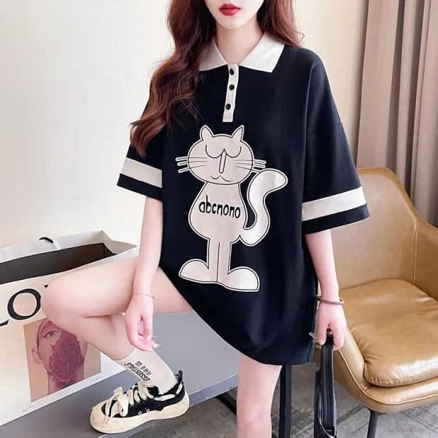 韓国系 猫柄 POLOネック ロング プリントTシャツ ゆったり半袖 ＜S-2894＞