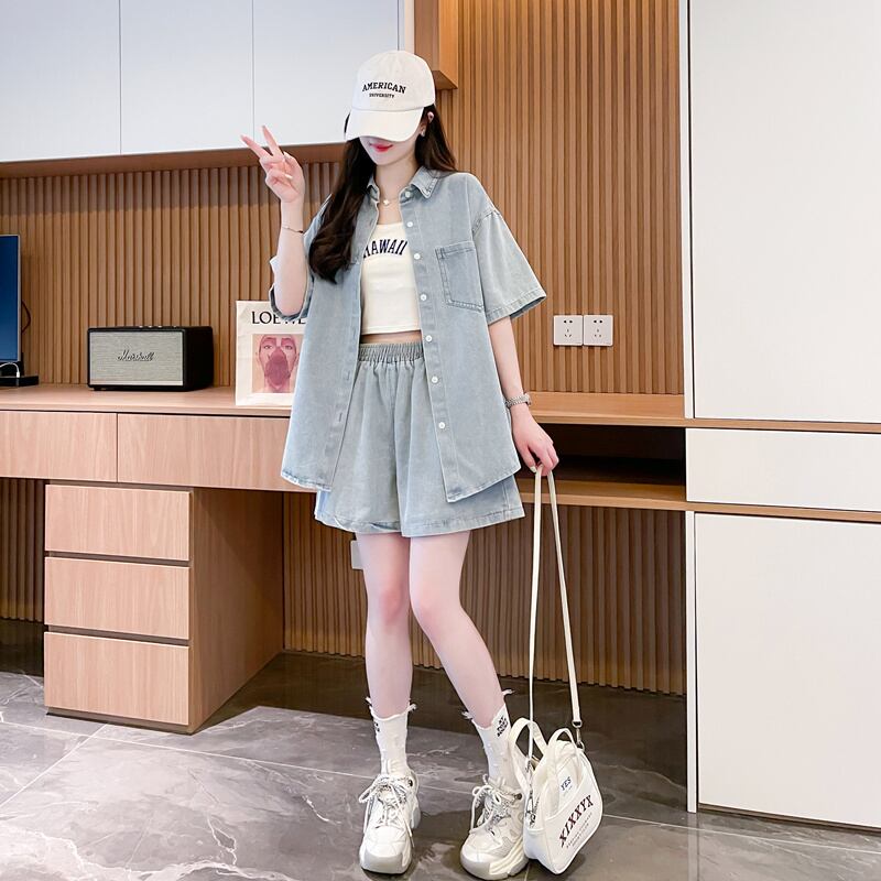 オーバーサイズ 半袖 デニム シャツ + ショートパンツ セットアップ <S-13150>