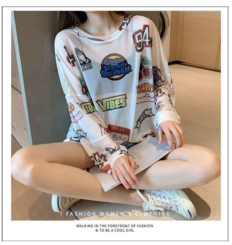 超人気 ルーズ 個性派 日焼け防止に透け感 Tシャツ＜S-8052＞