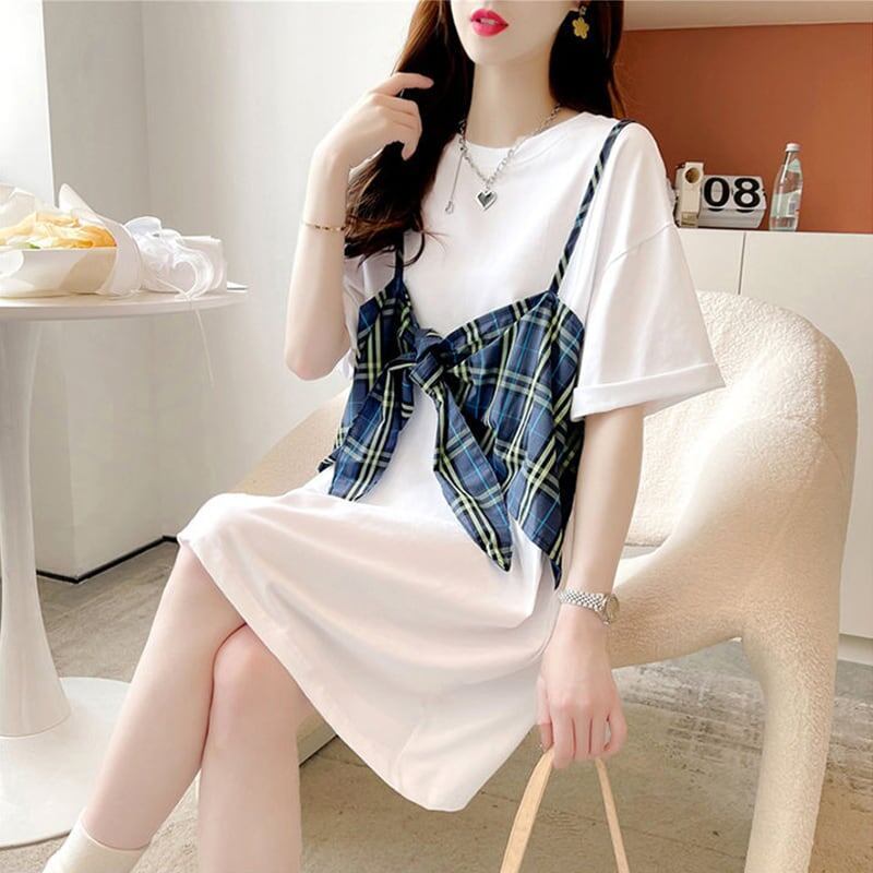 美人度アップ プリント 美腿効果抜群 Tシャツ カットソー ワンピース＜S-3357＞