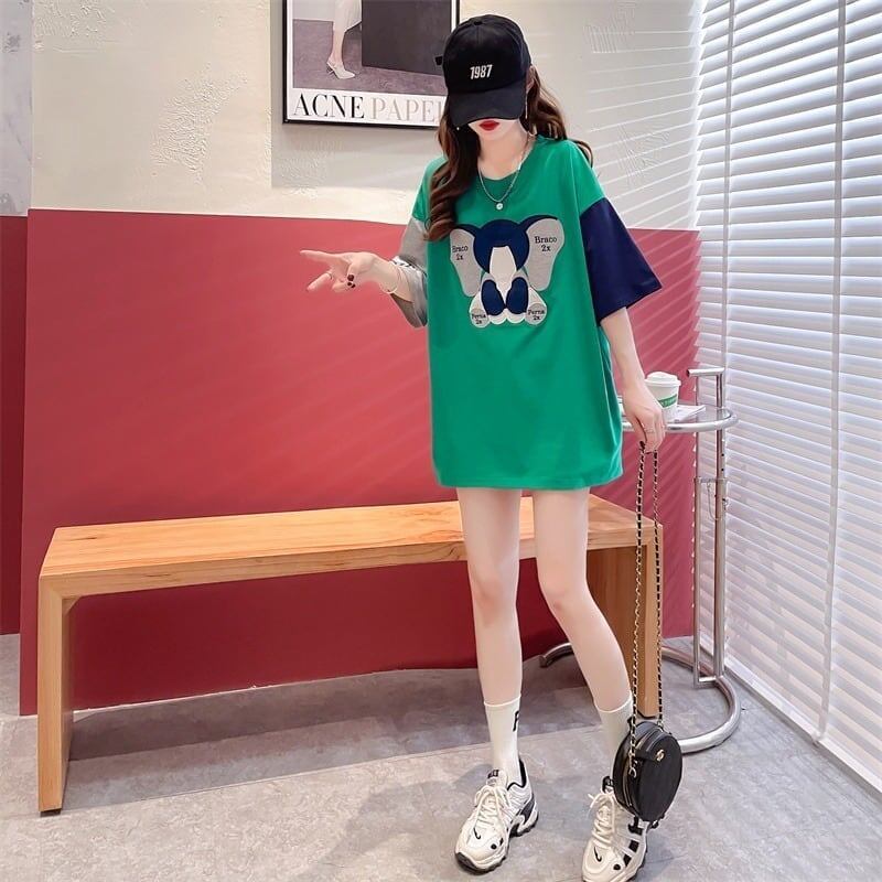 気質漫画カラーマッチング偽ツーピース半袖Tシャツ<S-2997>