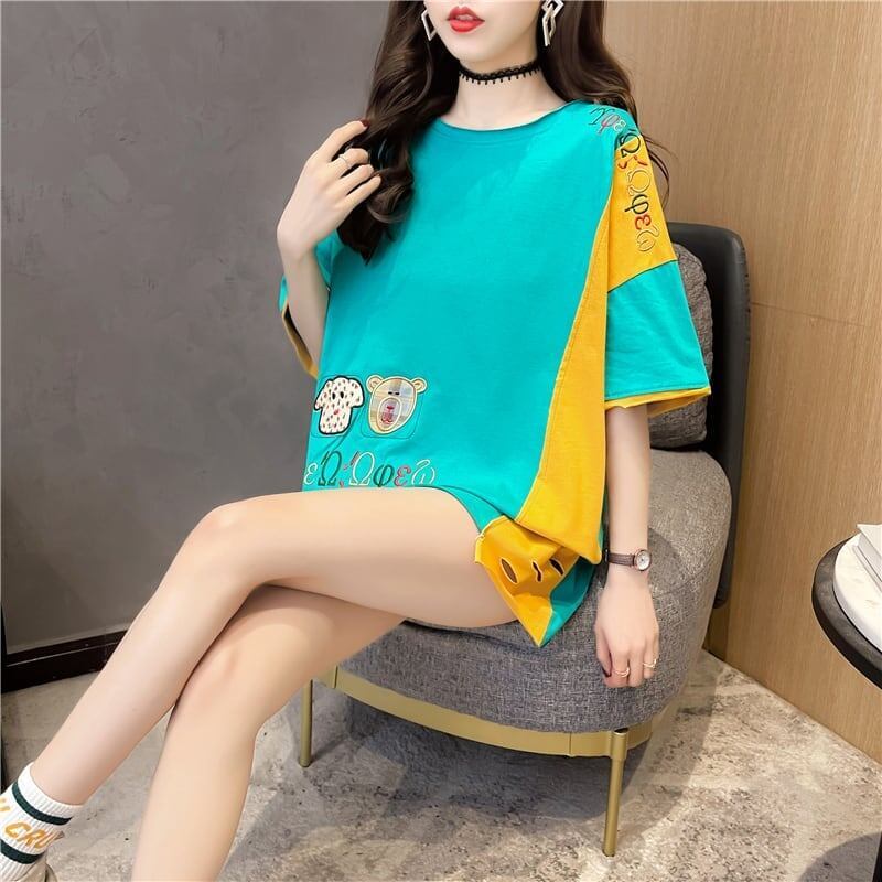 韓国風漫画刺繍ワッペン半袖Tシャツ<S-2991>