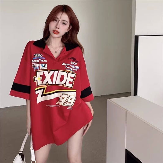 韓国系 オーバーサイズ POLOネック グラフィック ロング Tシャツ 三色 ゆったりワンピース＜S-4025＞