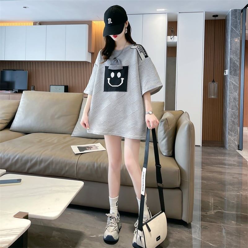 エレガントな立体ジャガードルーズウールパッチステッチ半袖Tシャツ<S-2901>