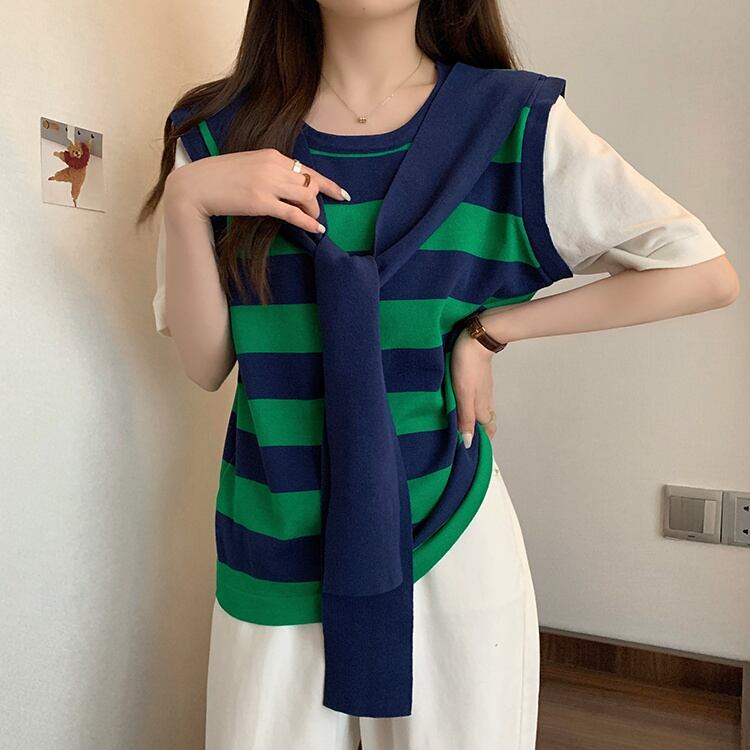 絶対欲しい レイヤード風 エレガント ストライプ柄 全3色半袖 Tシャツ＜S-8799＞