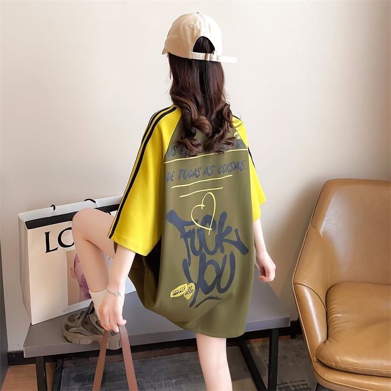 好感度UP グラフィック ストライプ柄 ラグランTシャツ ゆったり ワンピース＜S-3994＞