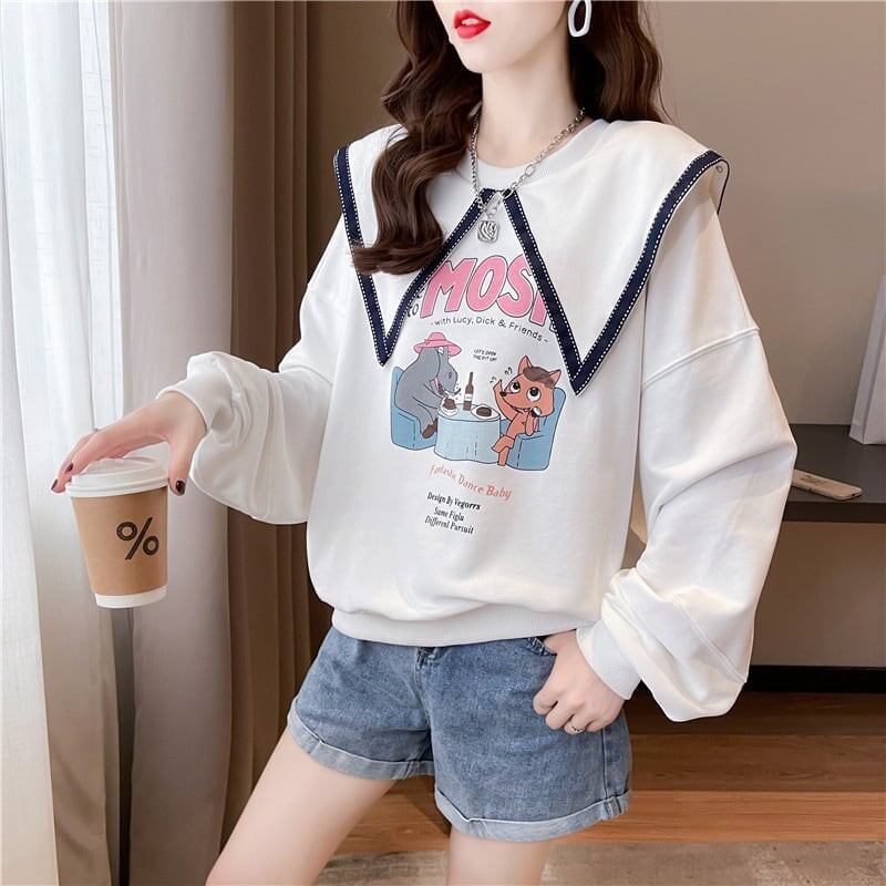 絶対欲しい グラフィックプリント セーラ服の襟 三色 長袖Tシャツトップス<S-4036>