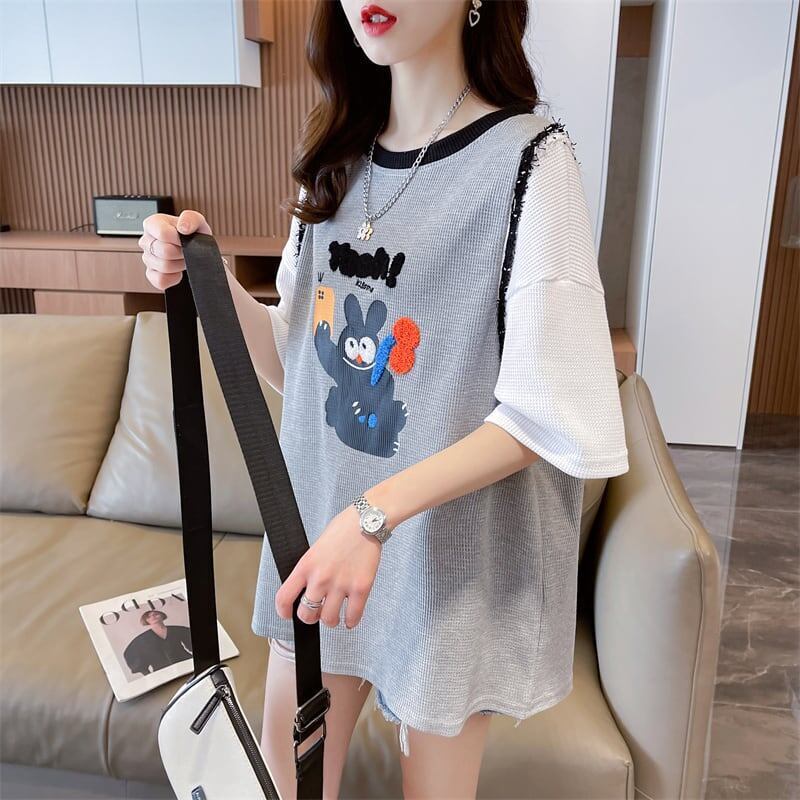 ワッフルフェイクツーピース漫画立体刺繍半袖Tシャツ<S-2871>