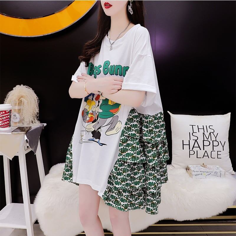 デザイン感 プリント チャーミング Tシャツ カットソー ワンピース＜S-3508＞