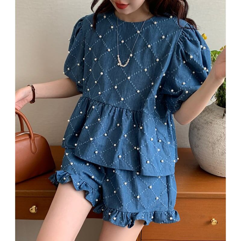 定番シンプル ファッション 個性派 デニム 半袖Ｔシャツⅹパンツセット<isf-11702>