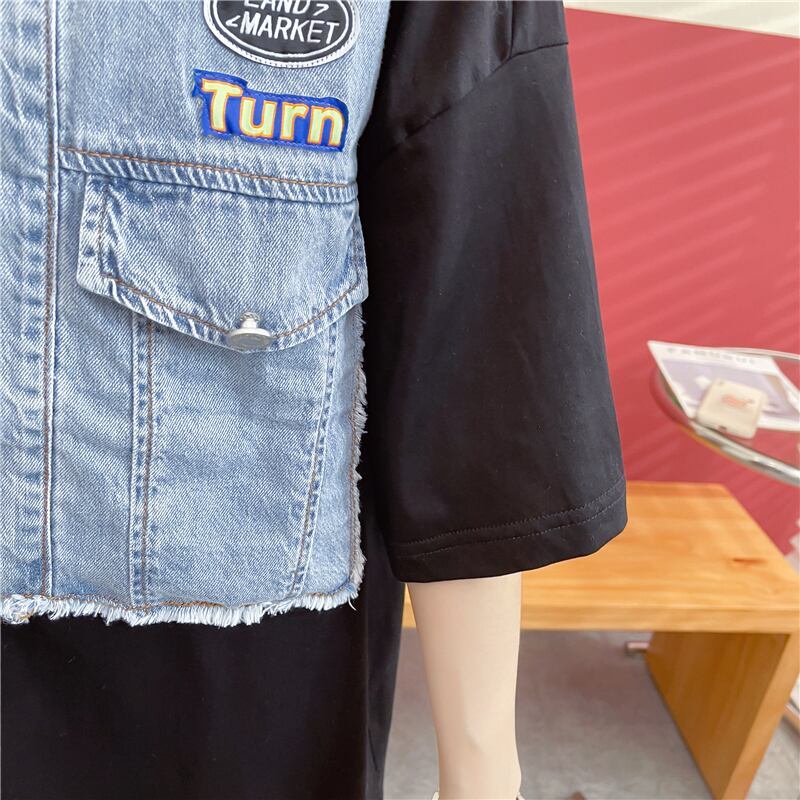 【半額！期間限定！！】新商品 レイヤード風 特別デザイン デニム 切り替え ゆったり 半袖Tシャツ＜S-8933＞