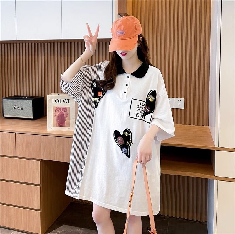 POLOネック 切り替え ストライプ柄 ロング Tシャツ ゆったりワンピース ＜S-3031＞
