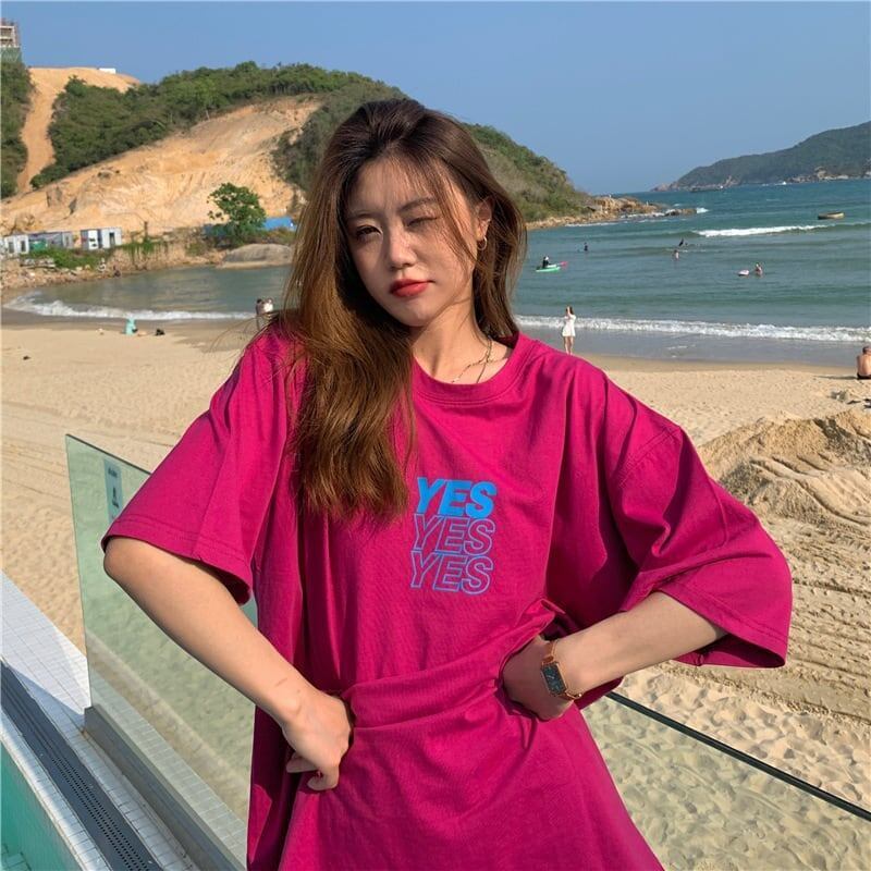 着心地良い プリント アルファベット ロング Tシャツ ゆったり半袖 ＜S-2851＞