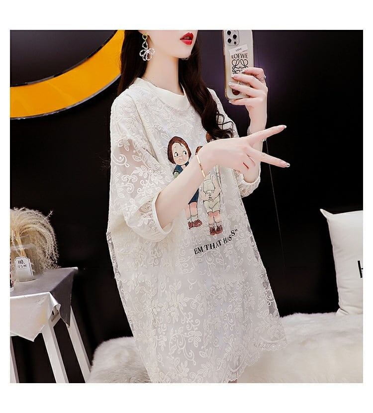 優しい雰囲気 透かし彫り レース ロング Tシャツ ベージュ 半袖 ＜S-2848＞