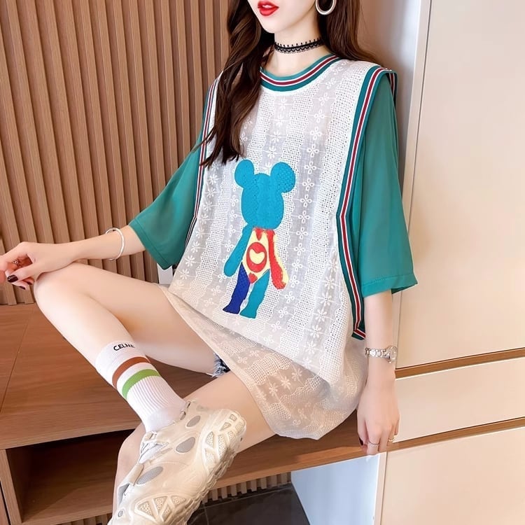 夏新作 レース ベアー カラーマッチング ロングTシャツ ゆったり5分袖 ＜S-2942＞