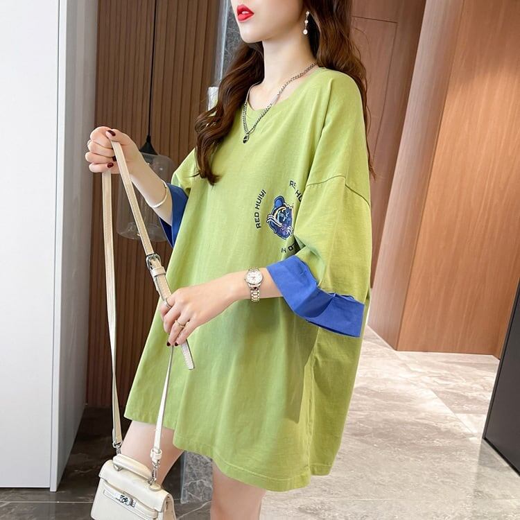 韓国系 ドロップショルダープリント ラウンドネック ロング Tシャツ 三色 ゆったり半袖＜S-3011＞