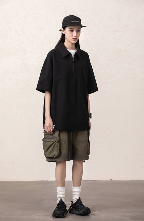 ルーズシルエット ハーフジップ 速乾 半袖 Tシャツ<S-13119>