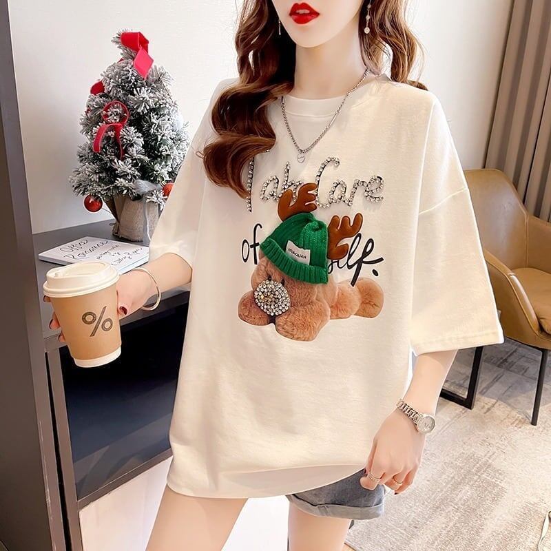 大活躍 ロング ビジューロゴ Tシャツ ゆったり 半袖 三色＜S-2922＞