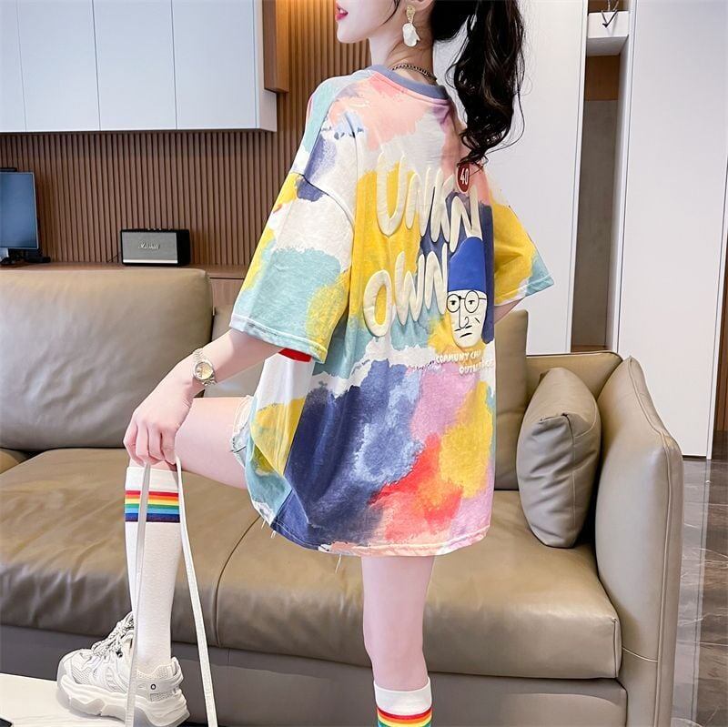 売り切れ必至 絞り染め ファッション プリント 2色選択 半袖Tシャツ＜S-8573＞