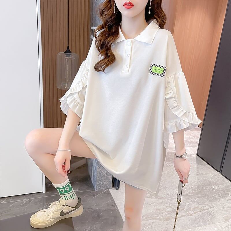 おすすめ POLOネック シンプル フリル ロング Tシャツ 三色 ゆったり半袖 ＜S-3055＞