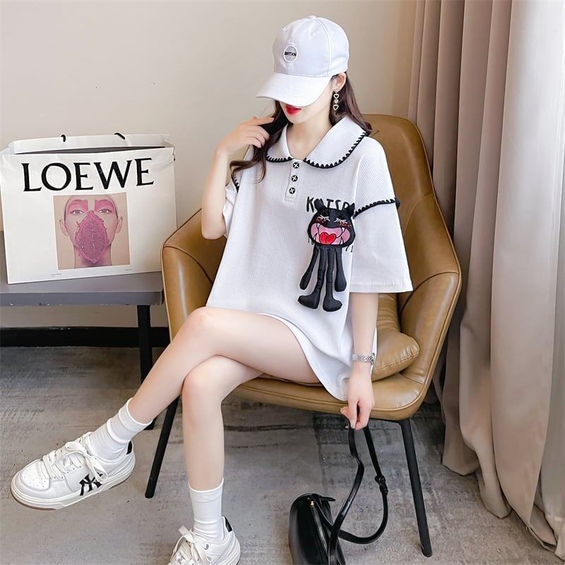 美人度アップ 折り襟 ワッフル ぬいぐるみ付き ロング Tシャツ ゆったり半袖 ＜S-2930＞