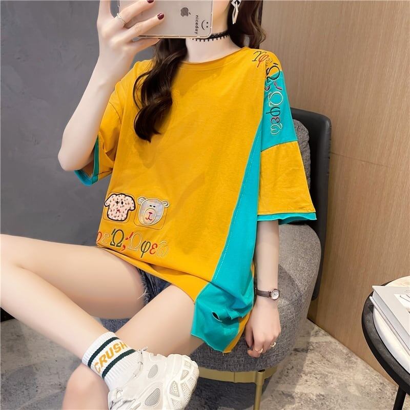 韓国風漫画刺繍ワッペン半袖Tシャツ<S-2991>