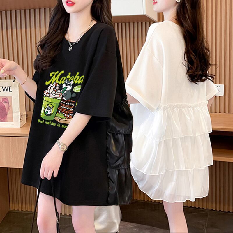 着回し力抜群 切り替え プリント ロング Tシャツ ゆったり半袖 Tシャツ ＜S-8498＞
