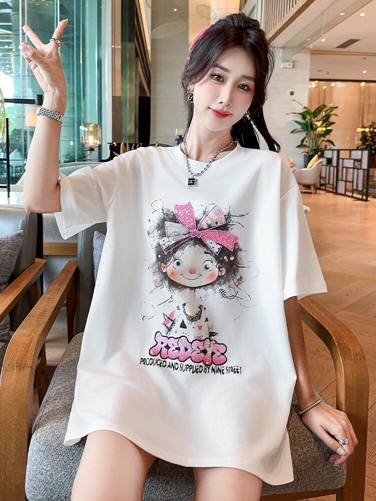 好感度UP ピンク カジュアル プリント スパンコール プリント ゆったり 半袖 Tシャツ＜S-8705＞