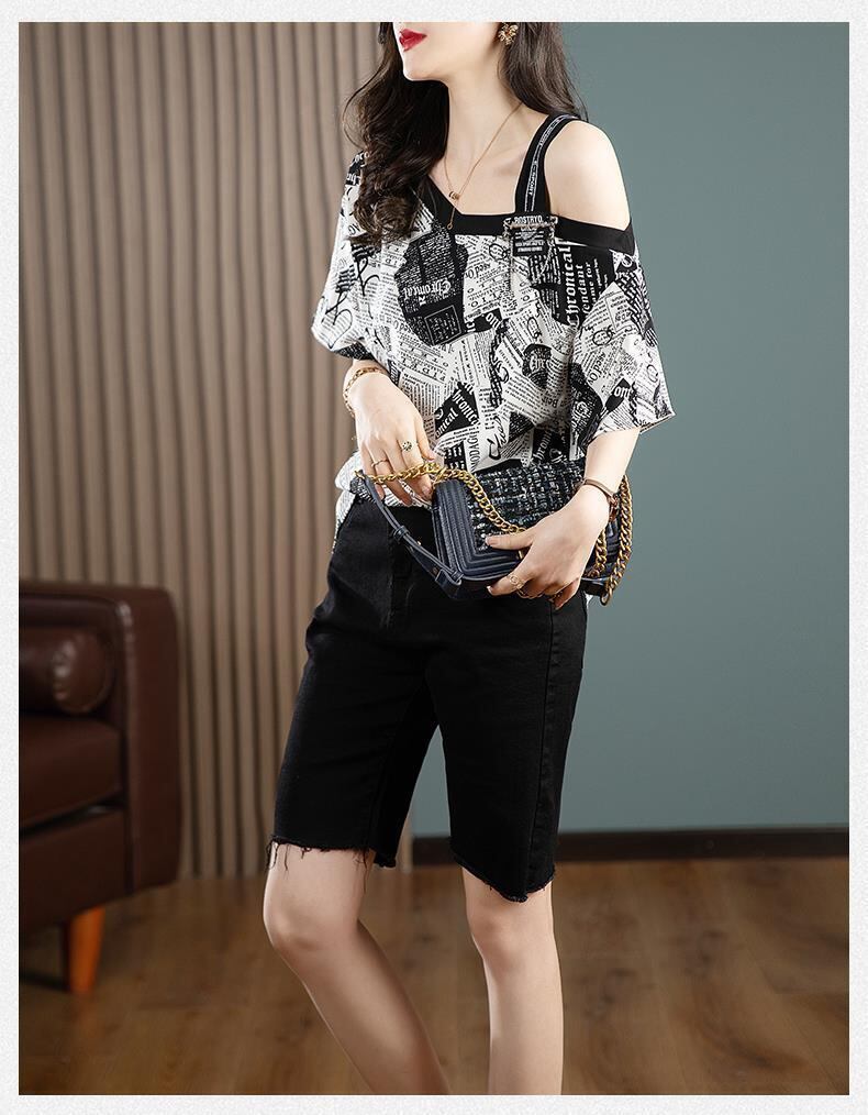 【半額！期間限定！！】絶対流行 特別デザイン 個性派 シフォン プリント 半袖Tシャツ＜S-8610＞